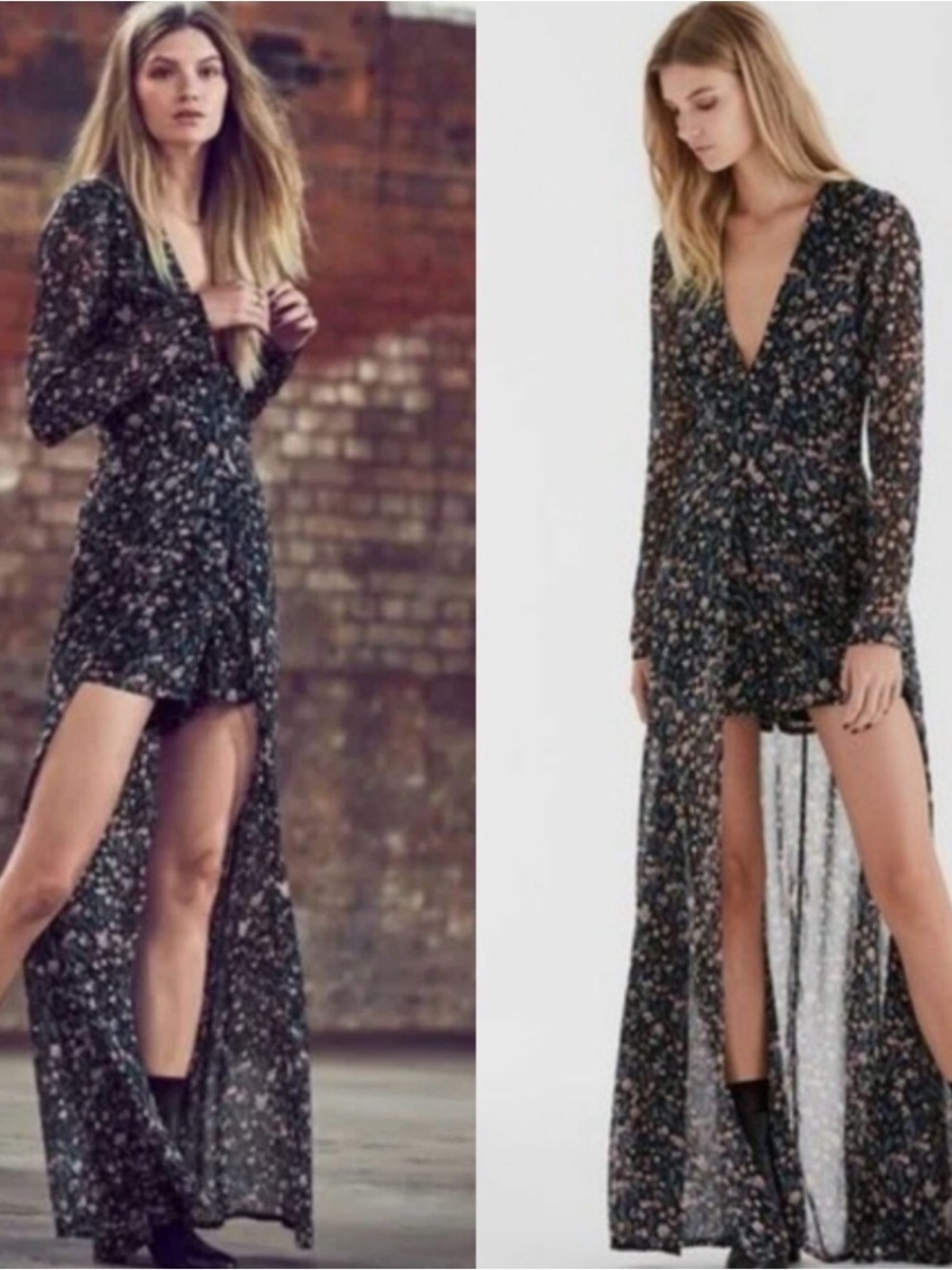 Deep V Black Floral High-Low Maxi Dress